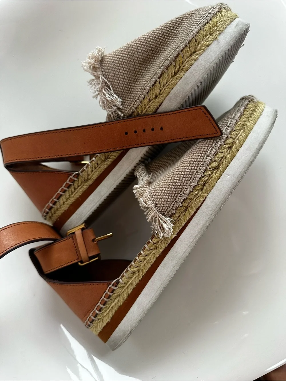 See By Chloe Beige Canvas Espadrille Sandals with Tan Ankle Straps